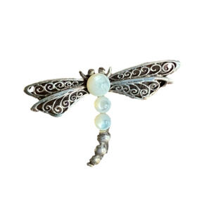 Sterling Stamped 925 Dragonfly Mother of Pearl Pin Brooch Scrollwork Wings GV